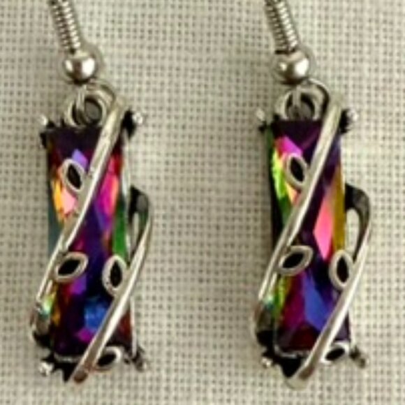 Multicolor Crystal Earrings Silver Plated Indie Festival Statement Boho Jewelry - Picture 9 of 9